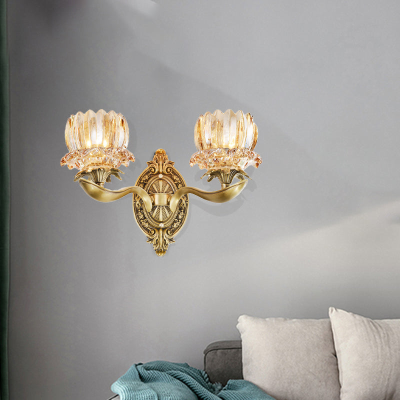 1/2 Lights Living Room Wall Mounted Lamp Vintage Brass Sconce Light with Flower Crystal Shade Clearhalo 'Cast Iron' 'Glass' 'Industrial' 'Modern wall lights' 'Modern' 'Tiffany' 'Traditional wall lights' 'Wall Lamps & Sconces' 'Wall Lights' Lighting' 265625