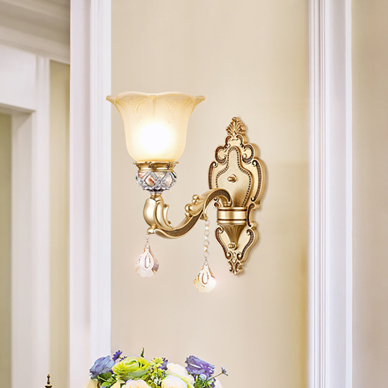 1 Light Petal Wall Mounted Lighting with Carved Arm Vintage White Glass Sconce Light in Gold Finish Gold Clearhalo 'Wall Lamps & Sconces' 'Wall Lights' Lighting' 265630