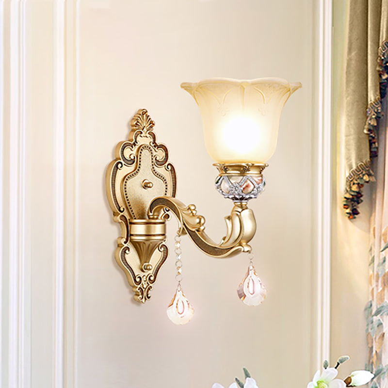 1 Light Petal Wall Mounted Lighting with Carved Arm Vintage White Glass Sconce Light in Gold Finish Clearhalo 'Wall Lamps & Sconces' 'Wall Lights' Lighting' 265631