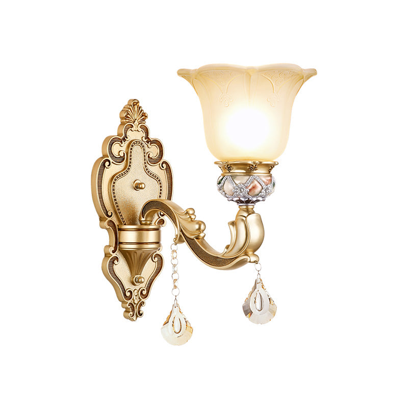 1 Light Petal Wall Mounted Lighting with Carved Arm Vintage White Glass Sconce Light in Gold Finish Clearhalo 'Wall Lamps & Sconces' 'Wall Lights' Lighting' 265633