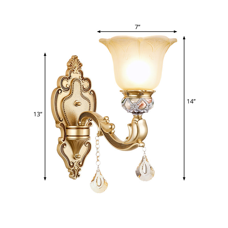 1 Light Petal Wall Mounted Lighting with Carved Arm Vintage White Glass Sconce Light in Gold Finish Clearhalo 'Wall Lamps & Sconces' 'Wall Lights' Lighting' 265634