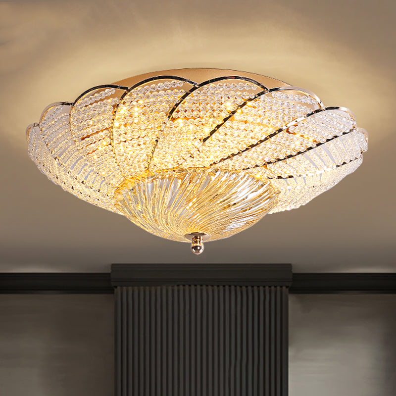 13"/16.5"/20.5" W Scalloped Flush Light with Crystal Bead Vintage Ceiling Lamp in Gold, Yellow/White Light Clearhalo 'Ceiling Lights' 'Close To Ceiling Lights' 'Close to ceiling' 'Flush mount' Lighting' 265729