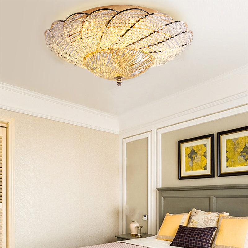 13"/16.5"/20.5" W Scalloped Flush Light with Crystal Bead Vintage Ceiling Lamp in Gold, Yellow/White Light Clearhalo 'Ceiling Lights' 'Close To Ceiling Lights' 'Close to ceiling' 'Flush mount' Lighting' 265730