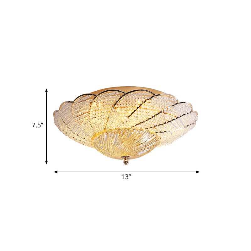 13"/16.5"/20.5" W Scalloped Flush Light with Crystal Bead Vintage Ceiling Lamp in Gold, Yellow/White Light Clearhalo 'Ceiling Lights' 'Close To Ceiling Lights' 'Close to ceiling' 'Flush mount' Lighting' 265732