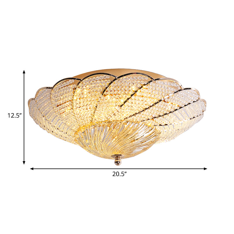 13"/16.5"/20.5" W Scalloped Flush Light with Crystal Bead Vintage Ceiling Lamp in Gold, Yellow/White Light Clearhalo 'Ceiling Lights' 'Close To Ceiling Lights' 'Close to ceiling' 'Flush mount' Lighting' 265734