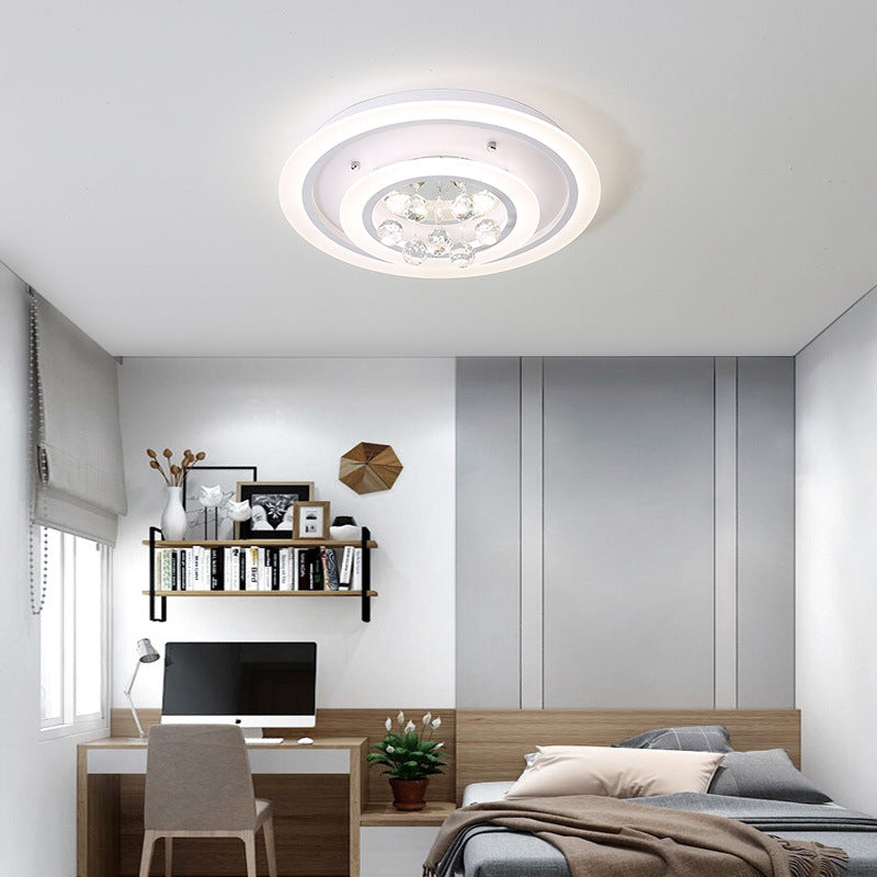 Round Flush Mount Light Modern Crystal Ball and White Acrylic LED Ceiling Light in White Light/Remote Control Stepless Dimming, 19.5"/23.5" Wide Clearhalo 'Ceiling Lights' 'Close To Ceiling Lights' 'Close to ceiling' 'Flush mount' Lighting' 265961