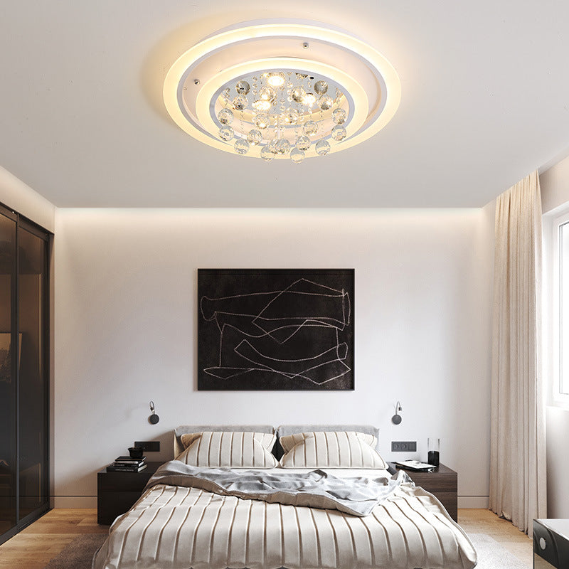 Round Flush Mount Light Modern Crystal Ball and White Acrylic LED Ceiling Light in White Light/Remote Control Stepless Dimming, 19.5"/23.5" Wide Clearhalo 'Ceiling Lights' 'Close To Ceiling Lights' 'Close to ceiling' 'Flush mount' Lighting' 265969