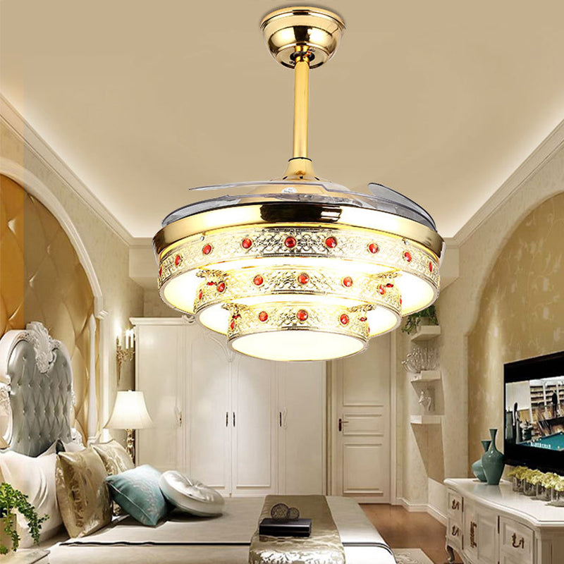 Carved Layer Steel Fan Lighting Modernity Golden Remote Control/Wall Control/Frequency Convertible LED Semi Flush Light Gold Clearhalo 'Ceiling Fans with Lights' 'Ceiling Fans' 'Modern Ceiling Fans' 'Modern' Lighting' 266036