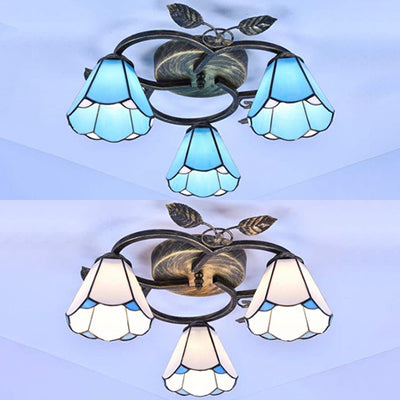 Conic Shape Ceiling Light Tiffany Stained Glass 3 Lights Flush Mount Ceiling Fixture in White/Blue for Living Room Clearhalo 'Ceiling Lights' 'Close To Ceiling Lights' 'Close to ceiling' 'Glass shade' 'Glass' 'Semi-flushmount' 'Tiffany close to ceiling' 'Tiffany' Lighting' 26606