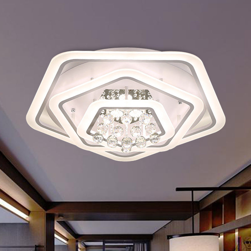 Pentagon Crystal Ball Flush Mount Light Modernism White 19.5"/23.5"/27.5" Wide LED Ceiling Fixture in Warm/White Light White 27.5" Warm Clearhalo 'Ceiling Lights' 'Close To Ceiling Lights' 'Close to ceiling' 'Flush mount' Lighting' 266076