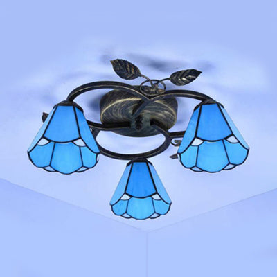 Conic Shape Ceiling Light Tiffany Stained Glass 3 Lights Flush Mount Ceiling Fixture in White/Blue for Living Room Clearhalo 'Ceiling Lights' 'Close To Ceiling Lights' 'Close to ceiling' 'Glass shade' 'Glass' 'Semi-flushmount' 'Tiffany close to ceiling' 'Tiffany' Lighting' 26608