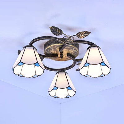 Conic Shape Ceiling Light Tiffany Stained Glass 3 Lights Flush Mount Ceiling Fixture in White/Blue for Living Room White Clearhalo 'Ceiling Lights' 'Close To Ceiling Lights' 'Close to ceiling' 'Glass shade' 'Glass' 'Semi-flushmount' 'Tiffany close to ceiling' 'Tiffany' Lighting' 26609
