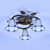 Conic Shape Ceiling Light Tiffany Stained Glass 3 Lights Flush Mount Ceiling Fixture in White/Blue for Living Room Clearhalo 'Ceiling Lights' 'Close To Ceiling Lights' 'Close to ceiling' 'Glass shade' 'Glass' 'Semi-flushmount' 'Tiffany close to ceiling' 'Tiffany' Lighting' 26610