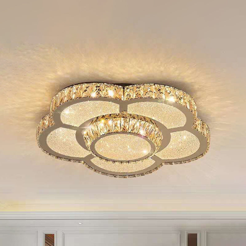 Clear Crystal Glass Flower Flush Mount Light Modern White 14"/18"/23.5" W LED Ceiling Light in Warm Light/White Light/Remote Control Stepless Dimming Clearhalo 'Ceiling Lights' 'Close To Ceiling Lights' 'Close to ceiling' 'Flush mount' Lighting' 266149