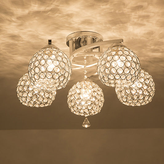 3/5 Lights Globe Semi Flush Light Fixture Simple Chrome Crystal Semi-Flush Mount for Living Room Clearhalo 'Ceiling Lights' 'Close To Ceiling Lights' 'Close to ceiling' 'Semi-flushmount' Lighting' 266179