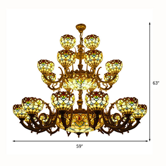 Tiffany Bowl Chandelier 3 Tiers Upward Lighting Bedroom Living Room Hanging Lighting in Bronze Finish Clearhalo 'Ceiling Lights' 'Chandeliers' 'Industrial' 'Middle Century Chandeliers' 'Tiffany Chandeliers' 'Tiffany close to ceiling' 'Tiffany' Lighting' 266311