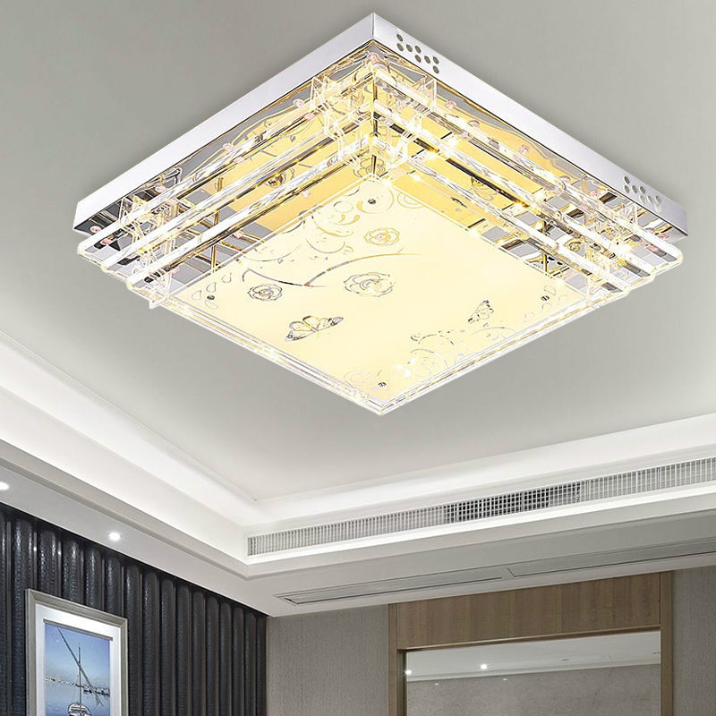 Modern LED Flush Mount Light White Rectangle/Square Flush Mount Light with Crystal Rod and Acrylic Shade, 18.5"/23.5"/36.5" Wide White 18.5" Clearhalo 'Ceiling Lights' 'Close To Ceiling Lights' 'Close to ceiling' 'Flush mount' Lighting' 266312