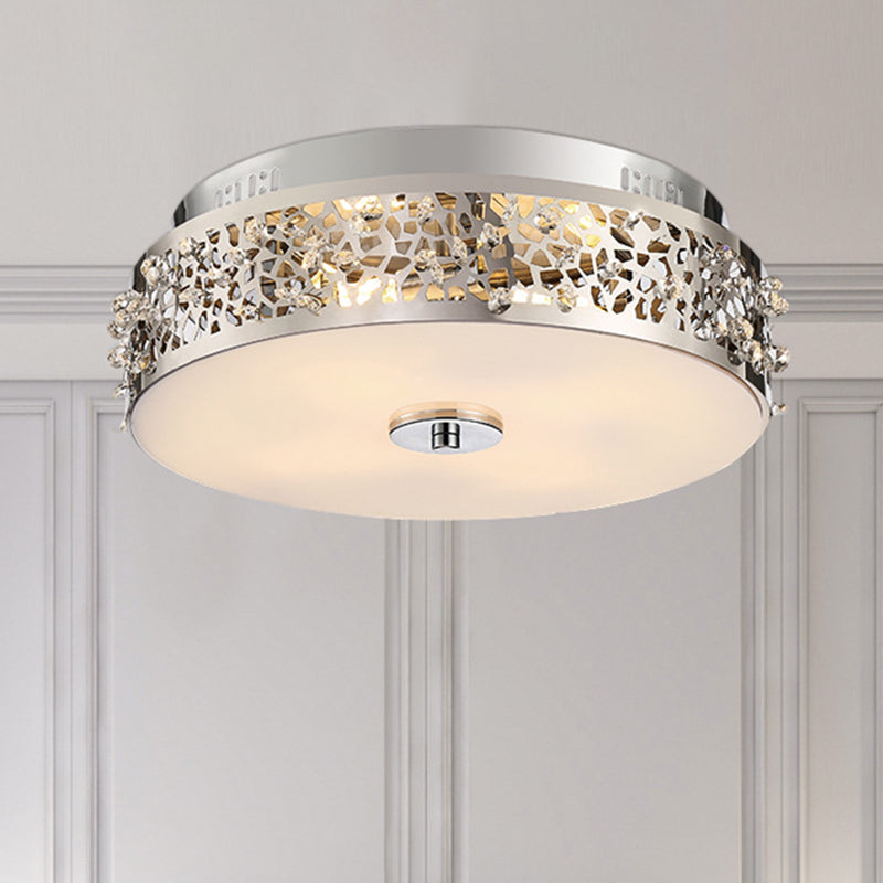 Silver Drum Flushmount Lighting Simple Style Crystal 4 Lights Bedroom Flush Ceiling Light Clearhalo 'Ceiling Lights' 'Close To Ceiling Lights' 'Close to ceiling' 'Flush mount' Lighting' 266409