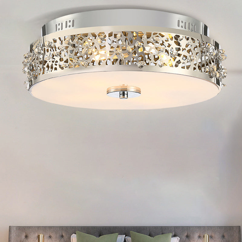 Silver Drum Flushmount Lighting Simple Style Crystal 4 Lights Bedroom Flush Ceiling Light Clearhalo 'Ceiling Lights' 'Close To Ceiling Lights' 'Close to ceiling' 'Flush mount' Lighting' 266410