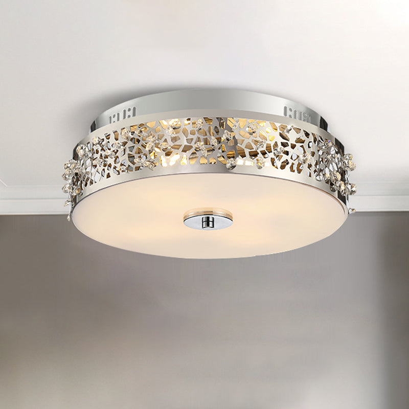 Silver Drum Flushmount Lighting Simple Style Crystal 4 Lights Bedroom Flush Ceiling Light Clearhalo 'Ceiling Lights' 'Close To Ceiling Lights' 'Close to ceiling' 'Flush mount' Lighting' 266411