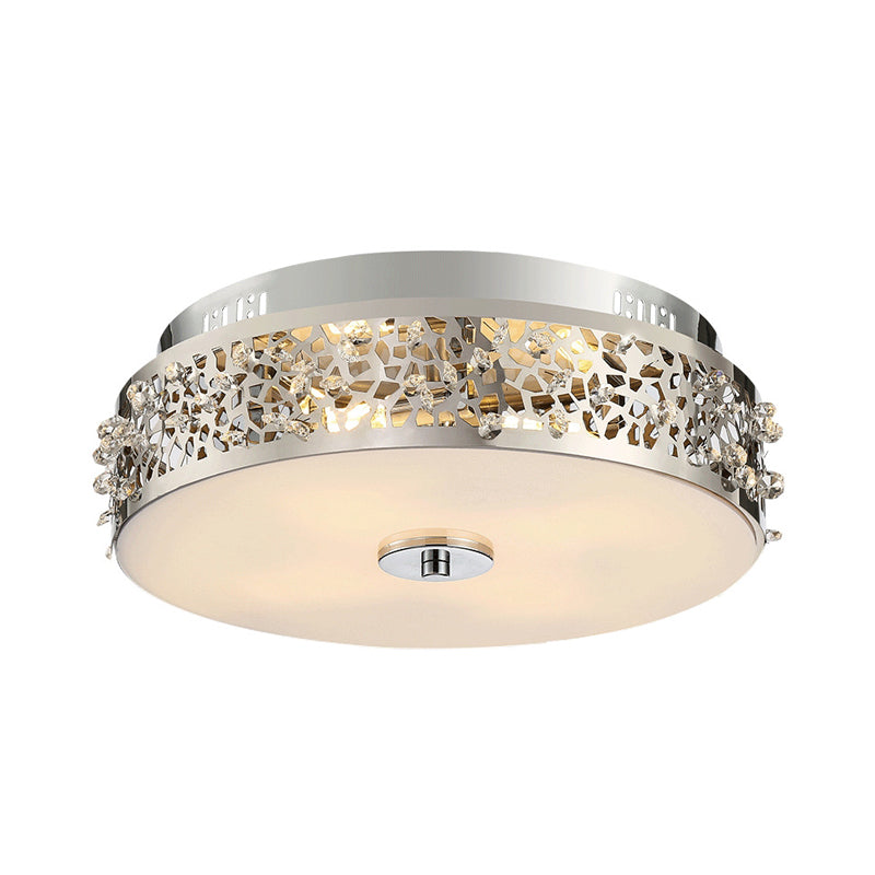 Silver Drum Flushmount Lighting Simple Style Crystal 4 Lights Bedroom Flush Ceiling Light Clearhalo 'Ceiling Lights' 'Close To Ceiling Lights' 'Close to ceiling' 'Flush mount' Lighting' 266413