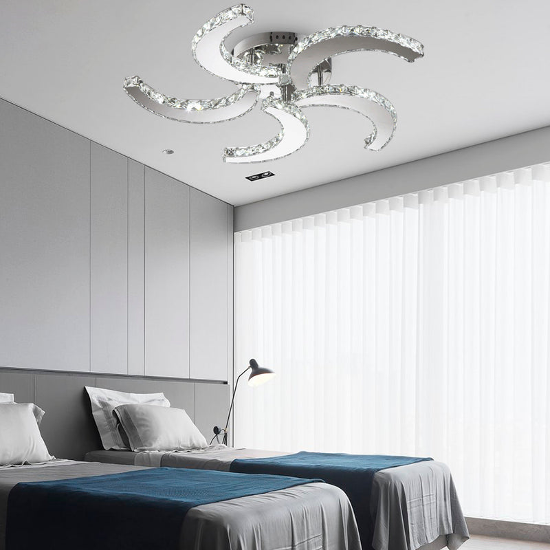 5-Light Semi Flush Light Simple Windmill Crystal Semi Flush Mount in Chrome for Bedroom, Warm/White/3 Color Light Clearhalo 'Ceiling Lights' 'Close To Ceiling Lights' 'Close to ceiling' 'Semi-flushmount' Lighting' 266434