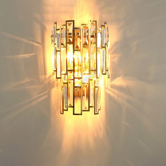 Modern Tier Flush Mount Wall Light 2 Bulbs Crystal Block Sconce Lighting with Golden Metal Frame Gold Clearhalo 'Modern wall lights' 'Modern' 'Wall Lamps & Sconces' 'Wall Lights' Lighting' 266499