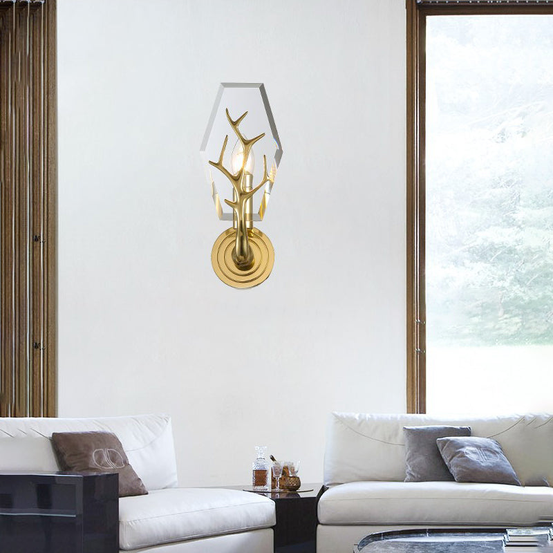 Crystal Panel Sconce Light Fixture Modern 1 Light Living Room Wall Mounted Lamp in Clear with Antler Deco Clearhalo 'Modern wall lights' 'Modern' 'Wall Lamps & Sconces' 'Wall Lights' Lighting' 266586