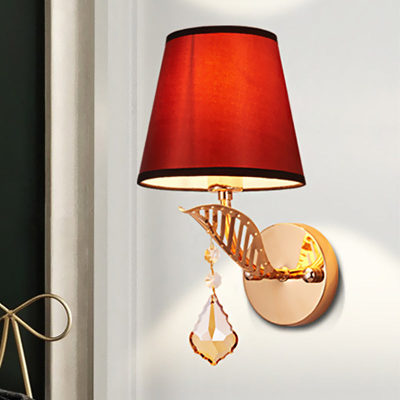 Fabric White/Red/Blue Sconce Light Tapered Bell 1-Light Traditional Wall Lamp for Bedroom with Crystal Drop Red Clearhalo 'Wall Lamps & Sconces' 'Wall Lights' Lighting' 266601