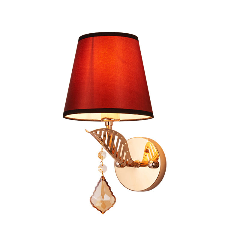 Fabric White/Red/Blue Sconce Light Tapered Bell 1-Light Traditional Wall Lamp for Bedroom with Crystal Drop Clearhalo 'Wall Lamps & Sconces' 'Wall Lights' Lighting' 266604