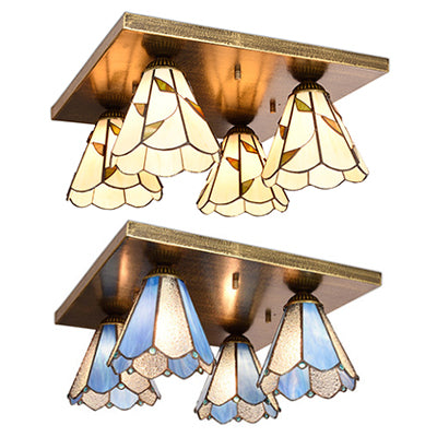 Cone Ceiling Light Fixture Tiffany Stained Glass 4 Lights Flush Mount Ceiling Light in Blue/Beige Clearhalo 'Ceiling Lights' 'Close To Ceiling Lights' 'Close to ceiling' 'Glass shade' 'Glass' 'Semi-flushmount' 'Tiffany close to ceiling' 'Tiffany' Lighting' 26721