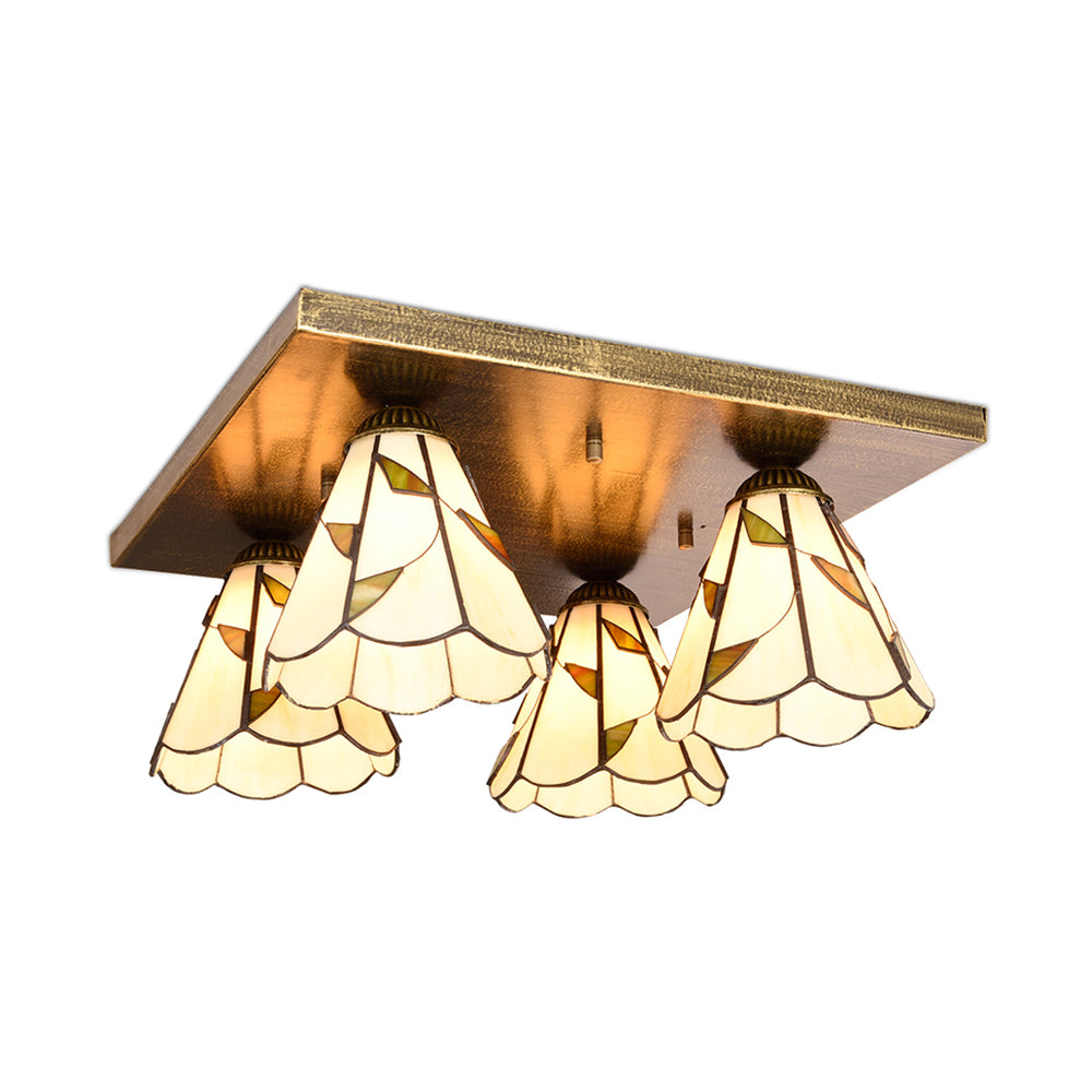 Cone Ceiling Light Fixture Tiffany Stained Glass 4 Lights Flush Mount Ceiling Light in Blue/Beige Clearhalo 'Ceiling Lights' 'Close To Ceiling Lights' 'Close to ceiling' 'Glass shade' 'Glass' 'Semi-flushmount' 'Tiffany close to ceiling' 'Tiffany' Lighting' 26722