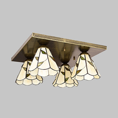 Cone Ceiling Light Fixture Tiffany Stained Glass 4 Lights Flush Mount Ceiling Light in Blue/Beige Clearhalo 'Ceiling Lights' 'Close To Ceiling Lights' 'Close to ceiling' 'Glass shade' 'Glass' 'Semi-flushmount' 'Tiffany close to ceiling' 'Tiffany' Lighting' 26723