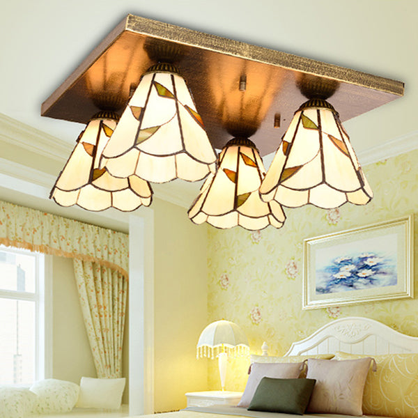 Cone Ceiling Light Fixture Tiffany Stained Glass 4 Lights Flush Mount Ceiling Light in Blue/Beige Beige Clearhalo 'Ceiling Lights' 'Close To Ceiling Lights' 'Close to ceiling' 'Glass shade' 'Glass' 'Semi-flushmount' 'Tiffany close to ceiling' 'Tiffany' Lighting' 26724