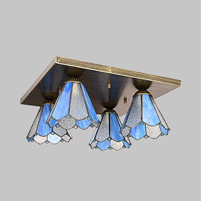 Cone Ceiling Light Fixture Tiffany Stained Glass 4 Lights Flush Mount Ceiling Light in Blue/Beige Clearhalo 'Ceiling Lights' 'Close To Ceiling Lights' 'Close to ceiling' 'Glass shade' 'Glass' 'Semi-flushmount' 'Tiffany close to ceiling' 'Tiffany' Lighting' 26726