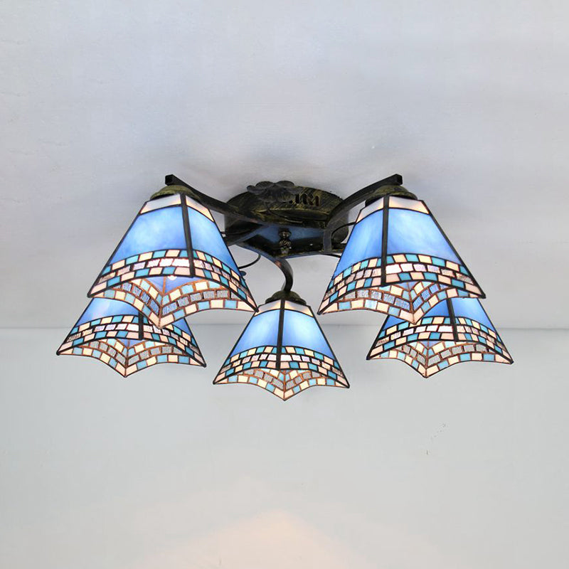 5 Heads Scalloped Ceiling Light Tiffany Stained Glass Semi Flush Light in Antique Bronze for Bedroom Clearhalo 'Ceiling Lights' 'Close To Ceiling Lights' 'Close to ceiling' 'Glass shade' 'Glass' 'Island Lights' 'Semi-flushmount' 'Tiffany close to ceiling' 'Tiffany' Lighting' 267340