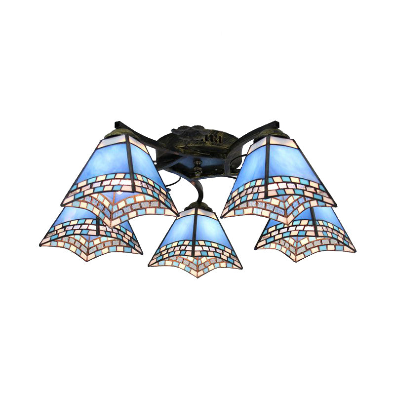 5 Heads Scalloped Ceiling Light Tiffany Stained Glass Semi Flush Light in Antique Bronze for Bedroom Clearhalo 'Ceiling Lights' 'Close To Ceiling Lights' 'Close to ceiling' 'Glass shade' 'Glass' 'Island Lights' 'Semi-flushmount' 'Tiffany close to ceiling' 'Tiffany' Lighting' 267341