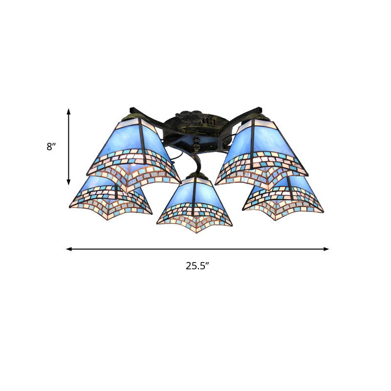 5 Heads Scalloped Ceiling Light Tiffany Stained Glass Semi Flush Light in Antique Bronze for Bedroom Clearhalo 'Ceiling Lights' 'Close To Ceiling Lights' 'Close to ceiling' 'Glass shade' 'Glass' 'Island Lights' 'Semi-flushmount' 'Tiffany close to ceiling' 'Tiffany' Lighting' 267342