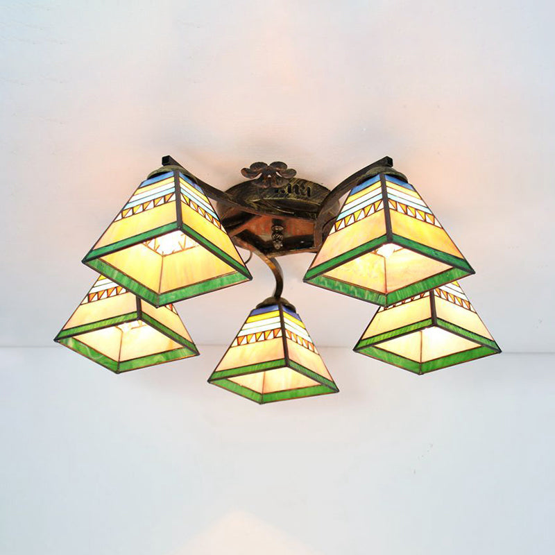 5 Heads Scalloped Ceiling Light Tiffany Stained Glass Semi Flush Light in Antique Bronze for Bedroom Clearhalo 'Ceiling Lights' 'Close To Ceiling Lights' 'Close to ceiling' 'Glass shade' 'Glass' 'Island Lights' 'Semi-flushmount' 'Tiffany close to ceiling' 'Tiffany' Lighting' 267343