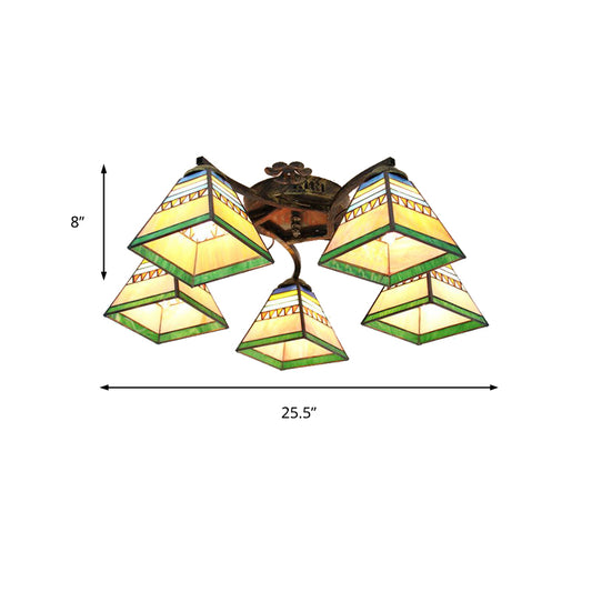 5 Heads Scalloped Ceiling Light Tiffany Stained Glass Semi Flush Light in Antique Bronze for Bedroom Clearhalo 'Ceiling Lights' 'Close To Ceiling Lights' 'Close to ceiling' 'Glass shade' 'Glass' 'Island Lights' 'Semi-flushmount' 'Tiffany close to ceiling' 'Tiffany' Lighting' 267345