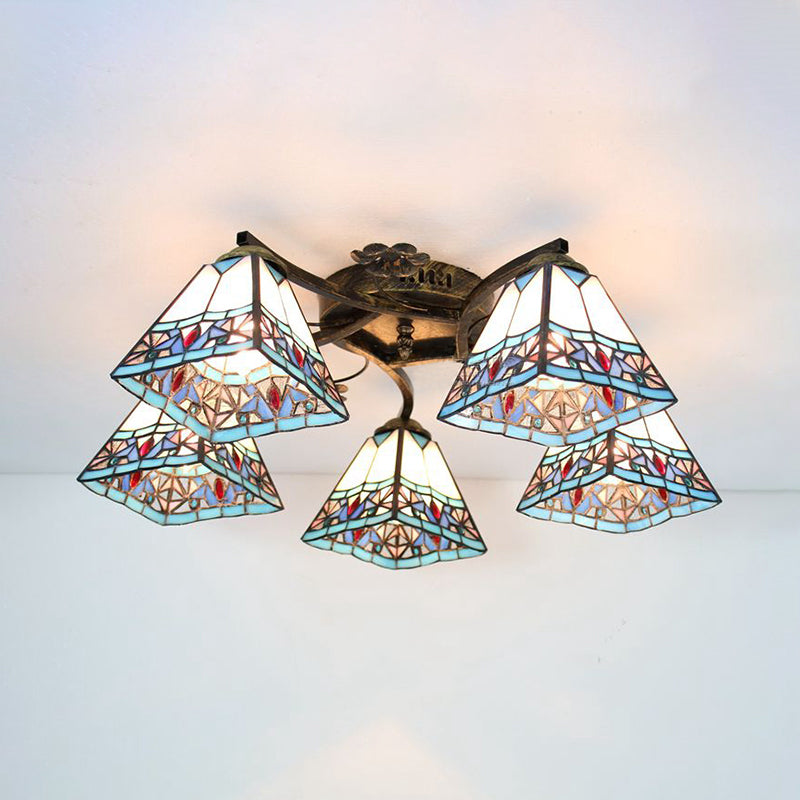 5 Heads Scalloped Ceiling Light Tiffany Stained Glass Semi Flush Light in Antique Bronze for Bedroom Clearhalo 'Ceiling Lights' 'Close To Ceiling Lights' 'Close to ceiling' 'Glass shade' 'Glass' 'Island Lights' 'Semi-flushmount' 'Tiffany close to ceiling' 'Tiffany' Lighting' 267346