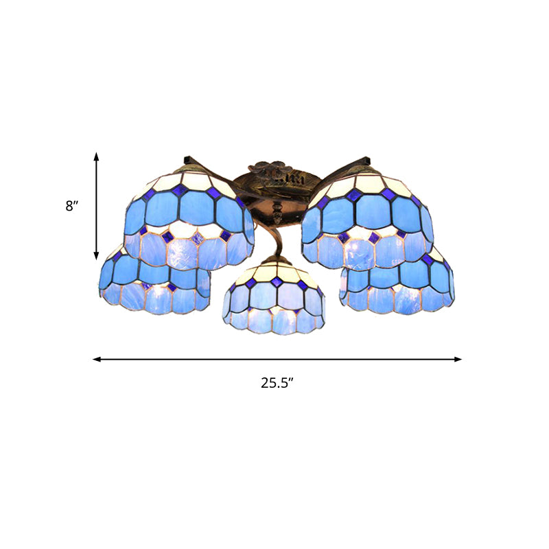 5 Heads Scalloped Ceiling Light Tiffany Stained Glass Semi Flush Light in Antique Bronze for Bedroom Clearhalo 'Ceiling Lights' 'Close To Ceiling Lights' 'Close to ceiling' 'Glass shade' 'Glass' 'Island Lights' 'Semi-flushmount' 'Tiffany close to ceiling' 'Tiffany' Lighting' 267354