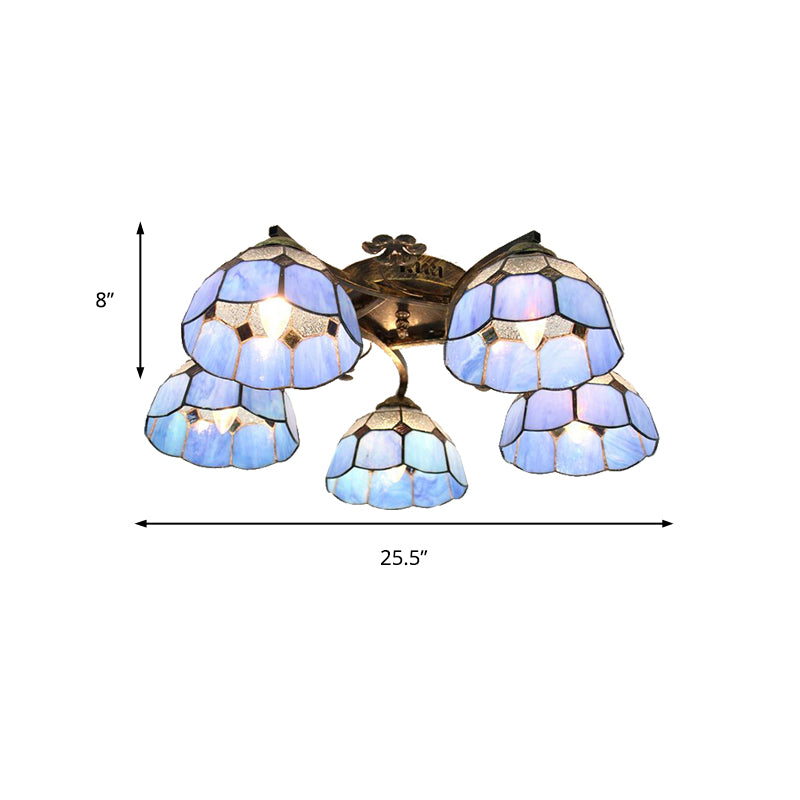 5 Heads Scalloped Ceiling Light Tiffany Stained Glass Semi Flush Light in Antique Bronze for Bedroom Clearhalo 'Ceiling Lights' 'Close To Ceiling Lights' 'Close to ceiling' 'Glass shade' 'Glass' 'Island Lights' 'Semi-flushmount' 'Tiffany close to ceiling' 'Tiffany' Lighting' 267357