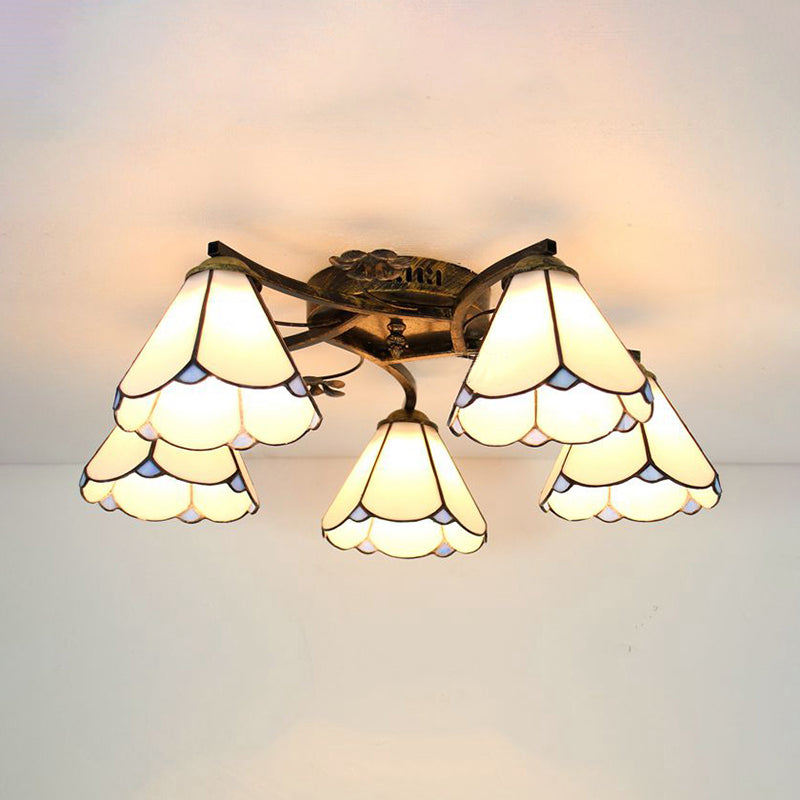 5 Heads Scalloped Ceiling Light Tiffany Stained Glass Semi Flush Light in Antique Bronze for Bedroom Clearhalo 'Ceiling Lights' 'Close To Ceiling Lights' 'Close to ceiling' 'Glass shade' 'Glass' 'Island Lights' 'Semi-flushmount' 'Tiffany close to ceiling' 'Tiffany' Lighting' 267359