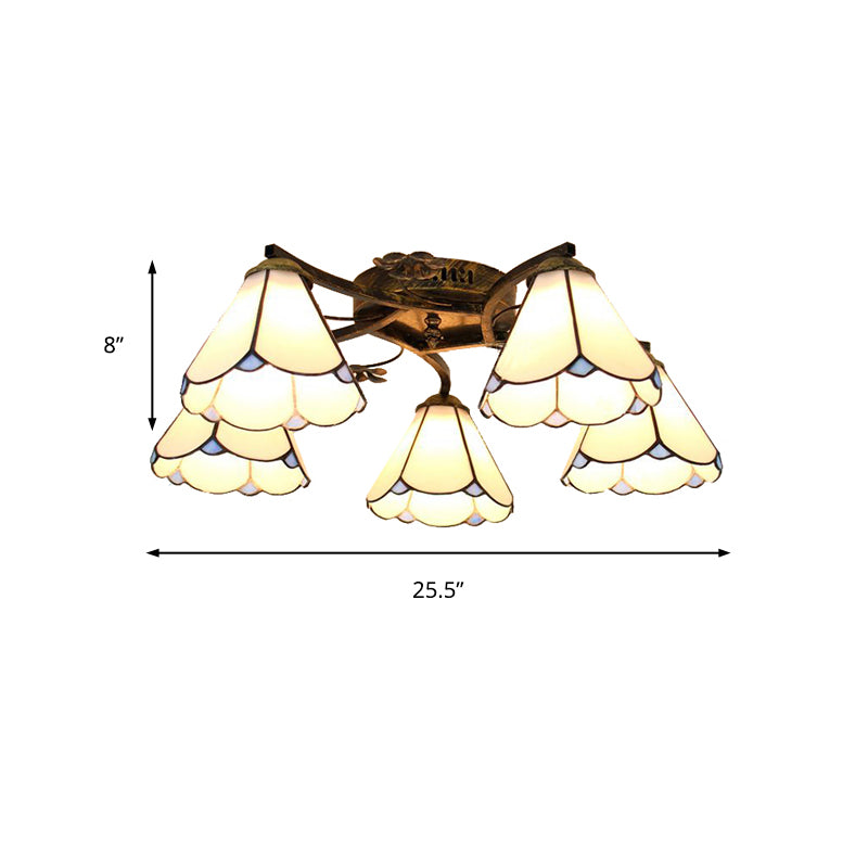 5 Heads Scalloped Ceiling Light Tiffany Stained Glass Semi Flush Light in Antique Bronze for Bedroom Clearhalo 'Ceiling Lights' 'Close To Ceiling Lights' 'Close to ceiling' 'Glass shade' 'Glass' 'Island Lights' 'Semi-flushmount' 'Tiffany close to ceiling' 'Tiffany' Lighting' 267361