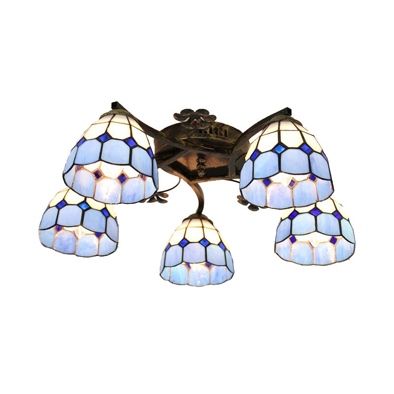 5 Heads Scalloped Ceiling Light Tiffany Stained Glass Semi Flush Light in Antique Bronze for Bedroom Clearhalo 'Ceiling Lights' 'Close To Ceiling Lights' 'Close to ceiling' 'Glass shade' 'Glass' 'Island Lights' 'Semi-flushmount' 'Tiffany close to ceiling' 'Tiffany' Lighting' 267363