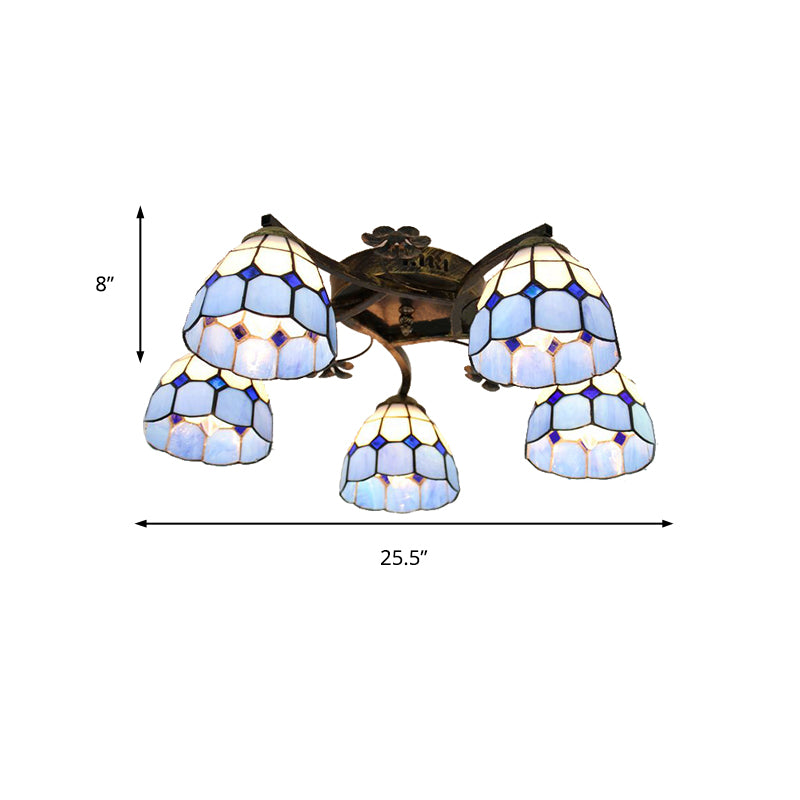 5 Heads Scalloped Ceiling Light Tiffany Stained Glass Semi Flush Light in Antique Bronze for Bedroom Clearhalo 'Ceiling Lights' 'Close To Ceiling Lights' 'Close to ceiling' 'Glass shade' 'Glass' 'Island Lights' 'Semi-flushmount' 'Tiffany close to ceiling' 'Tiffany' Lighting' 267364