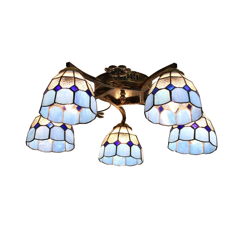 5 Heads Scalloped Ceiling Light Tiffany Stained Glass Semi Flush Light in Antique Bronze for Bedroom Clearhalo 'Ceiling Lights' 'Close To Ceiling Lights' 'Close to ceiling' 'Glass shade' 'Glass' 'Island Lights' 'Semi-flushmount' 'Tiffany close to ceiling' 'Tiffany' Lighting' 267366