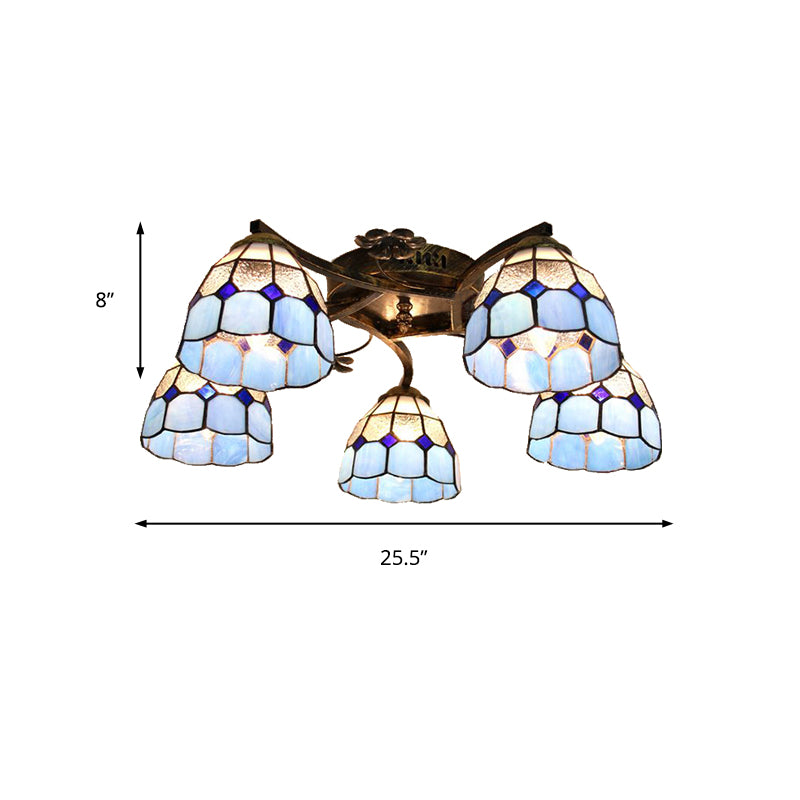 5 Heads Scalloped Ceiling Light Tiffany Stained Glass Semi Flush Light in Antique Bronze for Bedroom Clearhalo 'Ceiling Lights' 'Close To Ceiling Lights' 'Close to ceiling' 'Glass shade' 'Glass' 'Island Lights' 'Semi-flushmount' 'Tiffany close to ceiling' 'Tiffany' Lighting' 267367