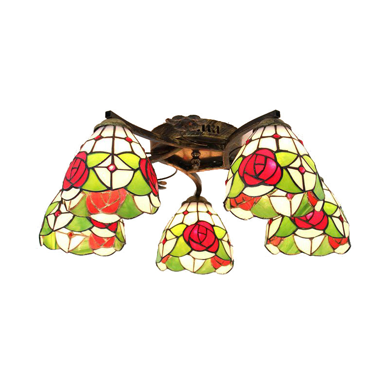 5 Heads Scalloped Ceiling Light Tiffany Stained Glass Semi Flush Light in Antique Bronze for Bedroom Clearhalo 'Ceiling Lights' 'Close To Ceiling Lights' 'Close to ceiling' 'Glass shade' 'Glass' 'Island Lights' 'Semi-flushmount' 'Tiffany close to ceiling' 'Tiffany' Lighting' 267369